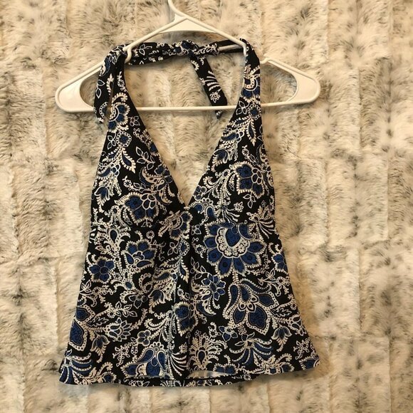 Chaps Blue White Pasley Halter Tankini Swim Top Swimwear Beach 10 - Picture 1 of 8